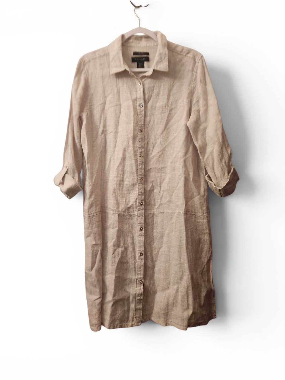 Tahari Beige Long Button-Front Linen Shirt Dress